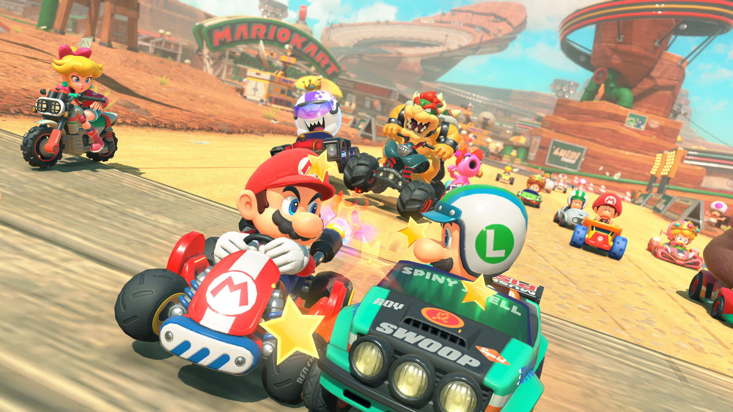 Mario and Luigi clash at the front of a busy field of racers in Mario Kart World