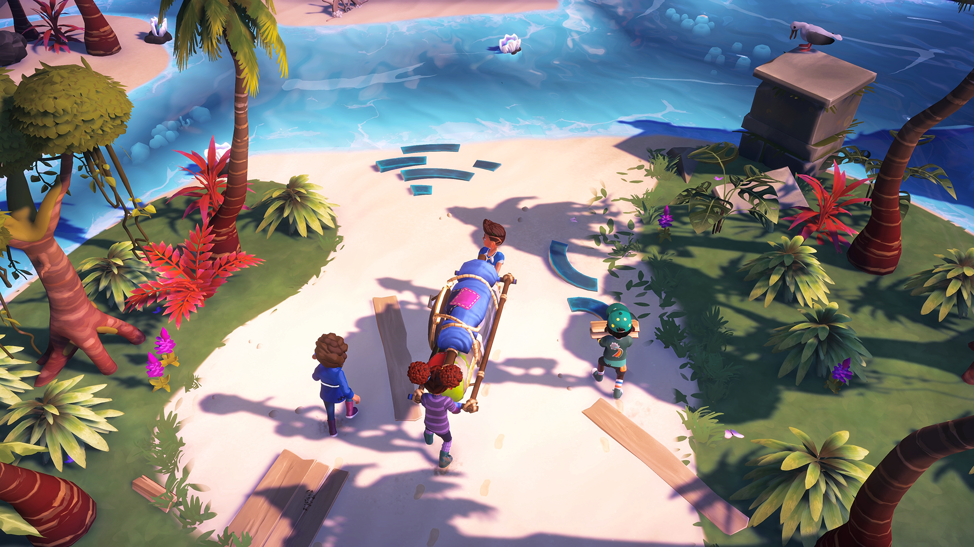 Players carry equipment together on an island beach in Survival Kids