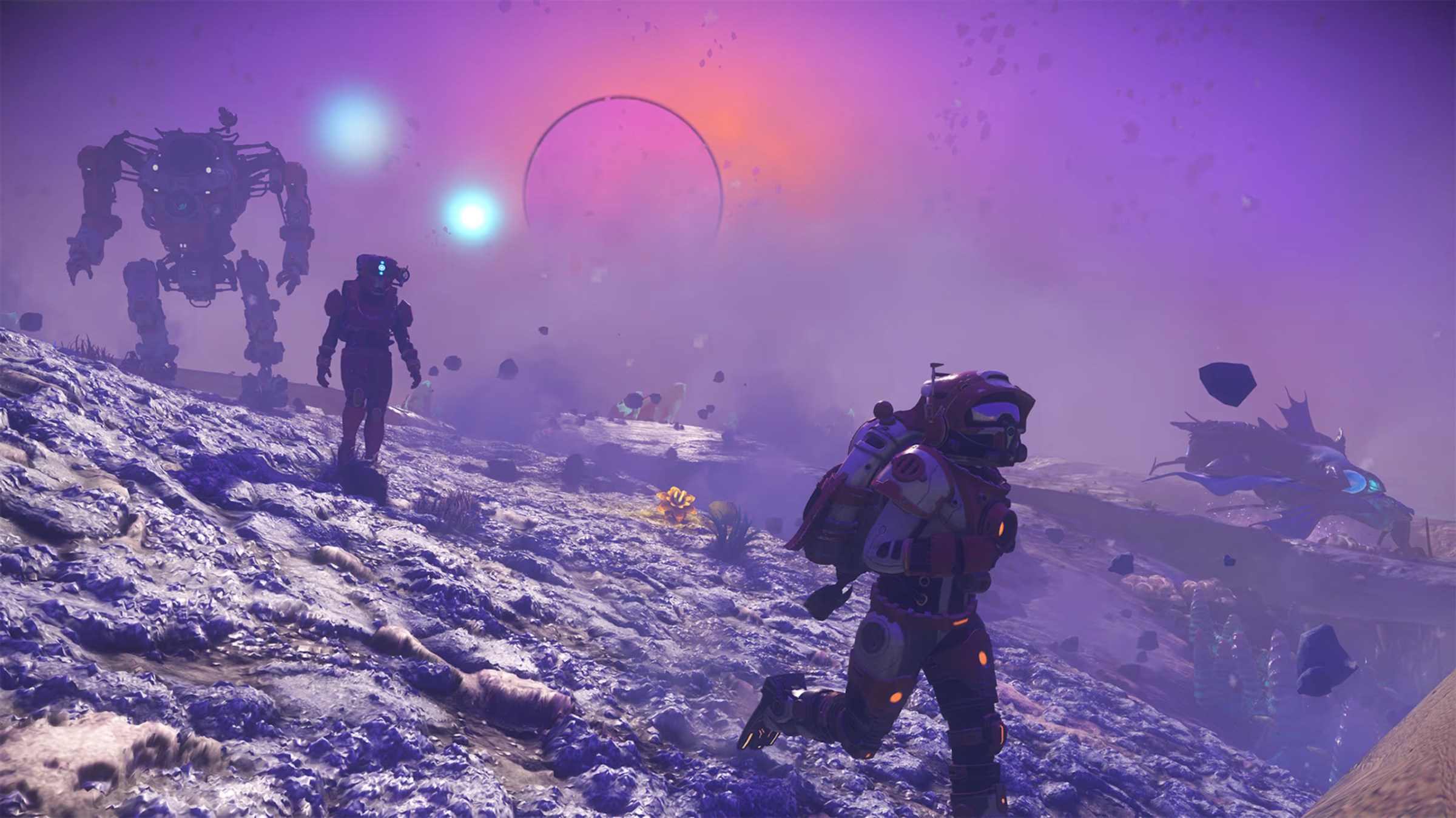 Astronauts explore a strange purple planet in No Man’s Sky