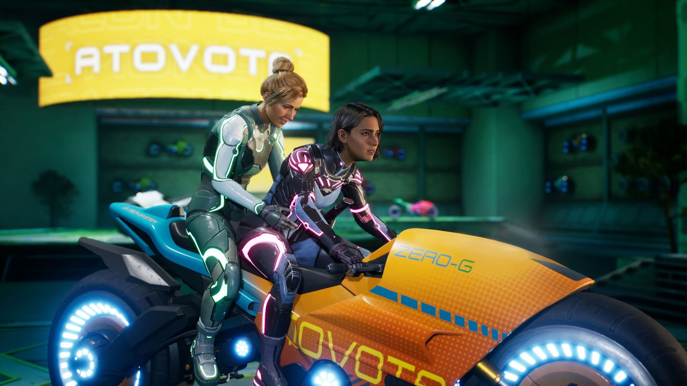 Zoe and Mio ride a motorcycle while playing Split Fiction multiplayer co-op online or locally