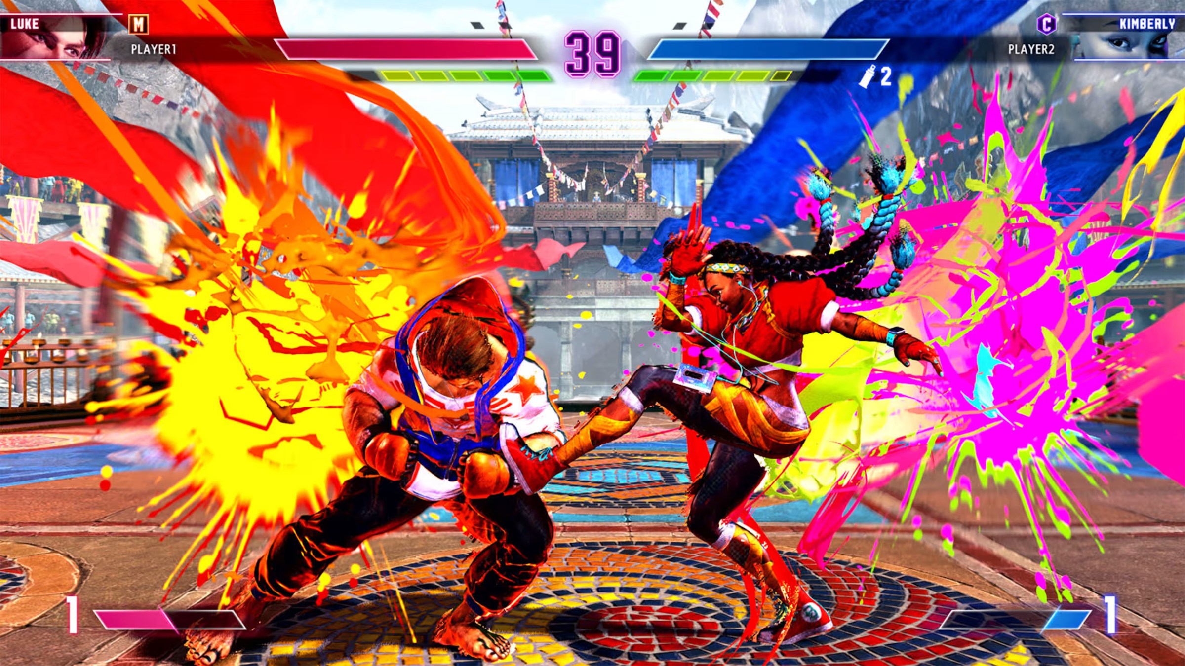 Colorful splashes dominate a fight scene in Street Fighter 6